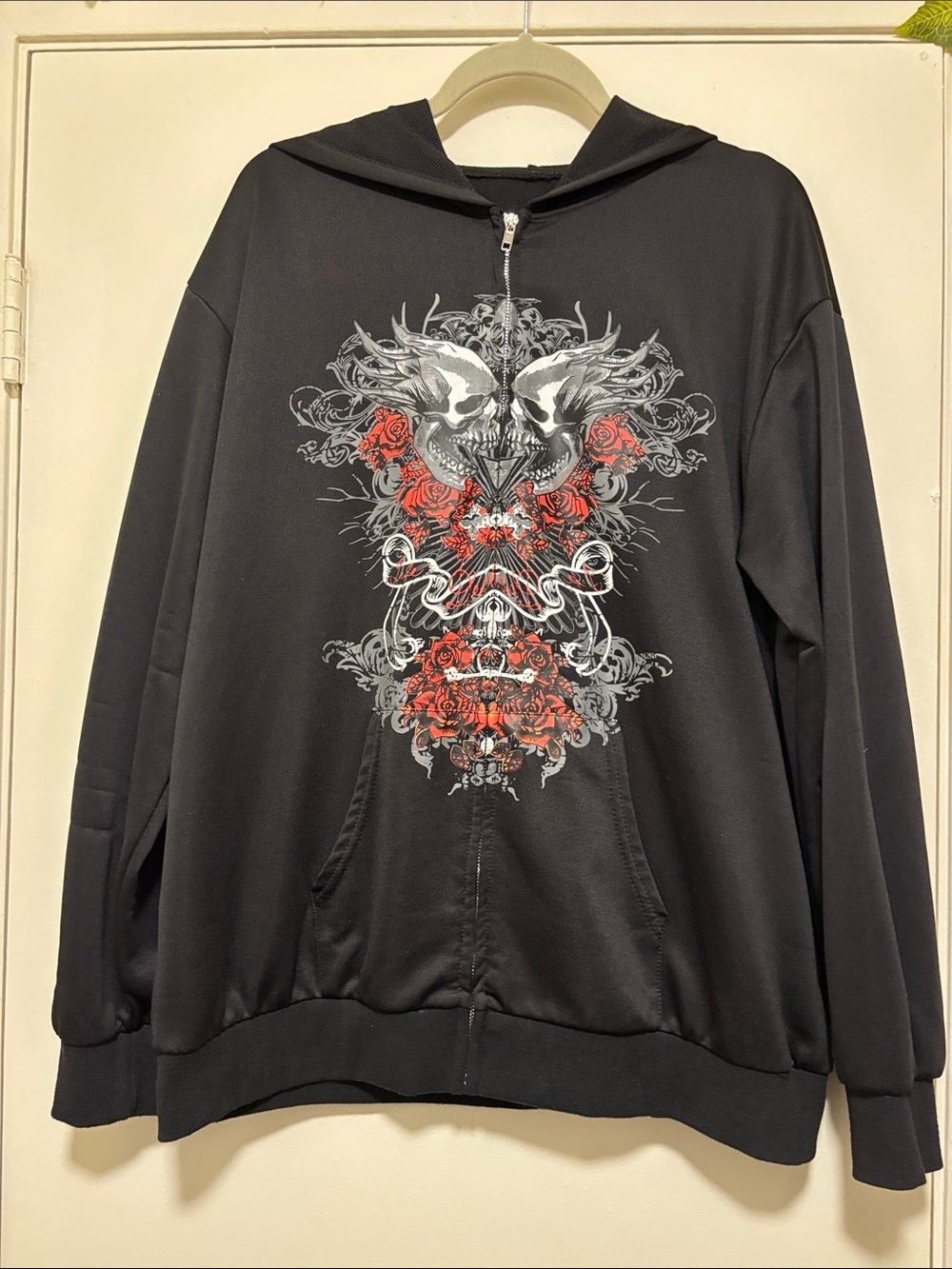 Men's Black Zip-Up Hoodie with Red & Gray Skull Graphic